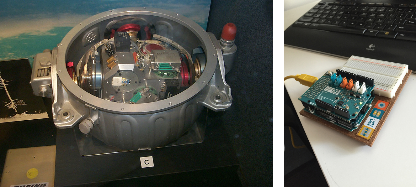 Left: Old and busted. &nbsp; &nbsp;Right: New hotness.The 1960s Apollo IMU versus an Arduino Uno with 9 Axes Motion Shield. The Bosch BNO055 IMU device is one of the tiny black bits on the shield. It measures 0.2mm x 3.8mm x 1.1mm.