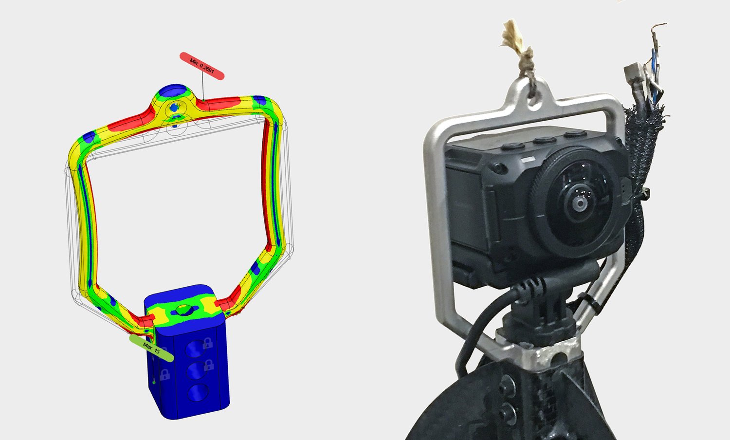 FEA simulation of balloon tether mount under high stress (left); Mount in assembled position after cutdown pyros were fired (right)