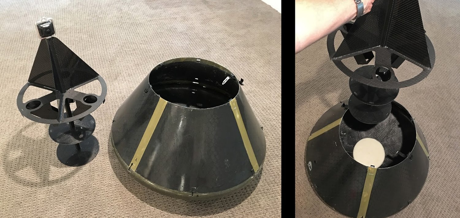 Left:&nbsp;Structure with ELS &amp; 360 VR camera, sitting next to aeroshell. Right:&nbsp;Inserting structure into aeroshell. Foam pad placement is visible.