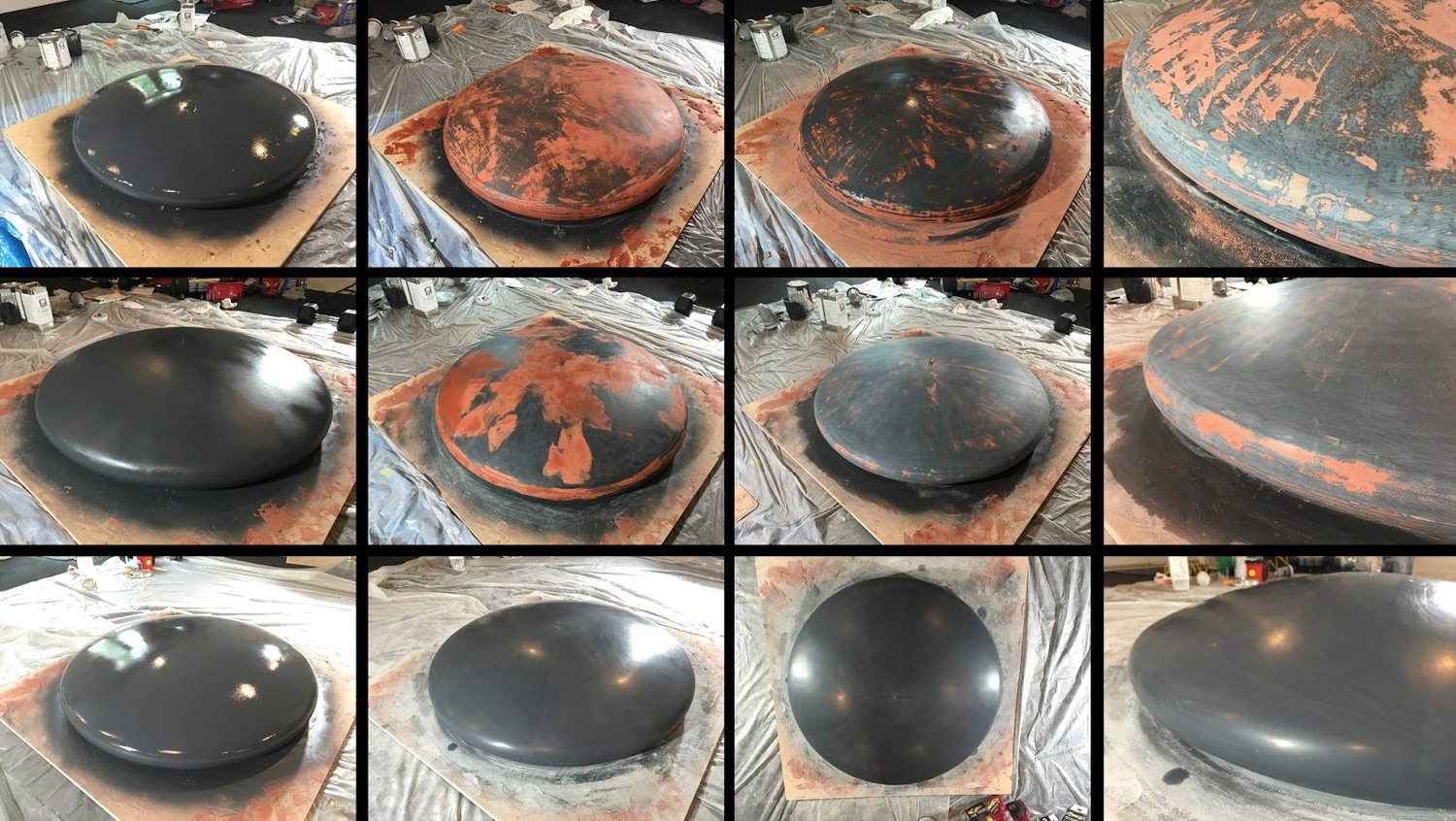 From the top, each row shows successive layers of gel coat with filler (reddish color)&nbsp;and the result after sanding to a fine finish.