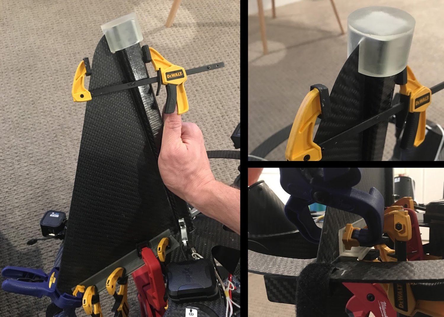 3D-printed jigs held in place with clamps; very useful for alignment when bonding carbon fiber pieces with epoxy