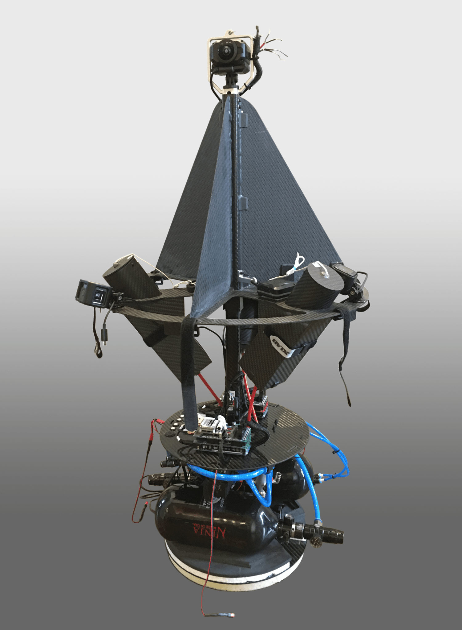 Core structure extracted from aeroshell post-flight. The main strut, strakes, and decks are clearly visible. From bottom: Propulsion, Electronics, and ELS Decks.