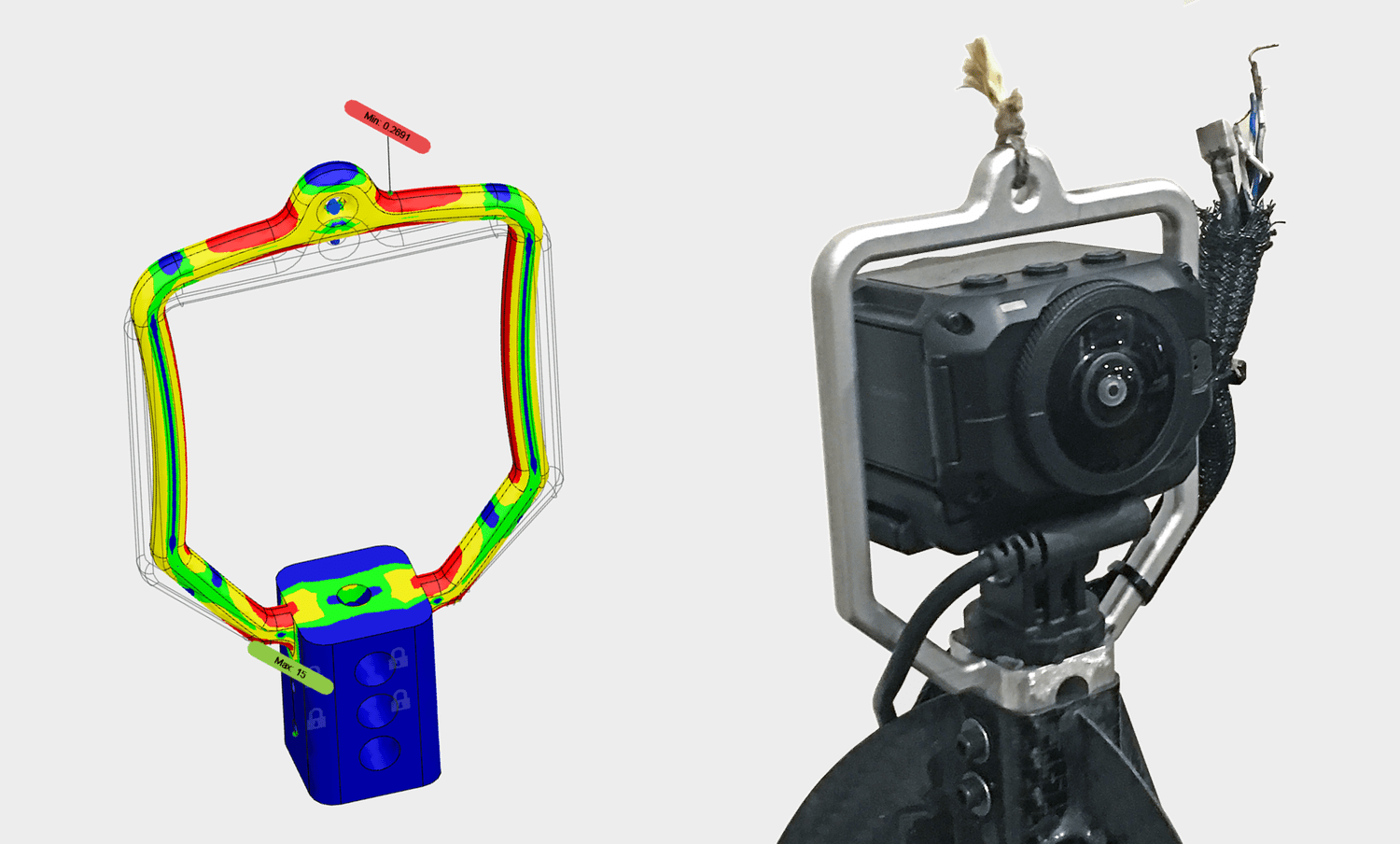 New design for balloon tether. Left: FEA analysis. Right: Photo with 360 camera in place after firing the cutdown pyros. Note the bit of Kevlar string remaining.