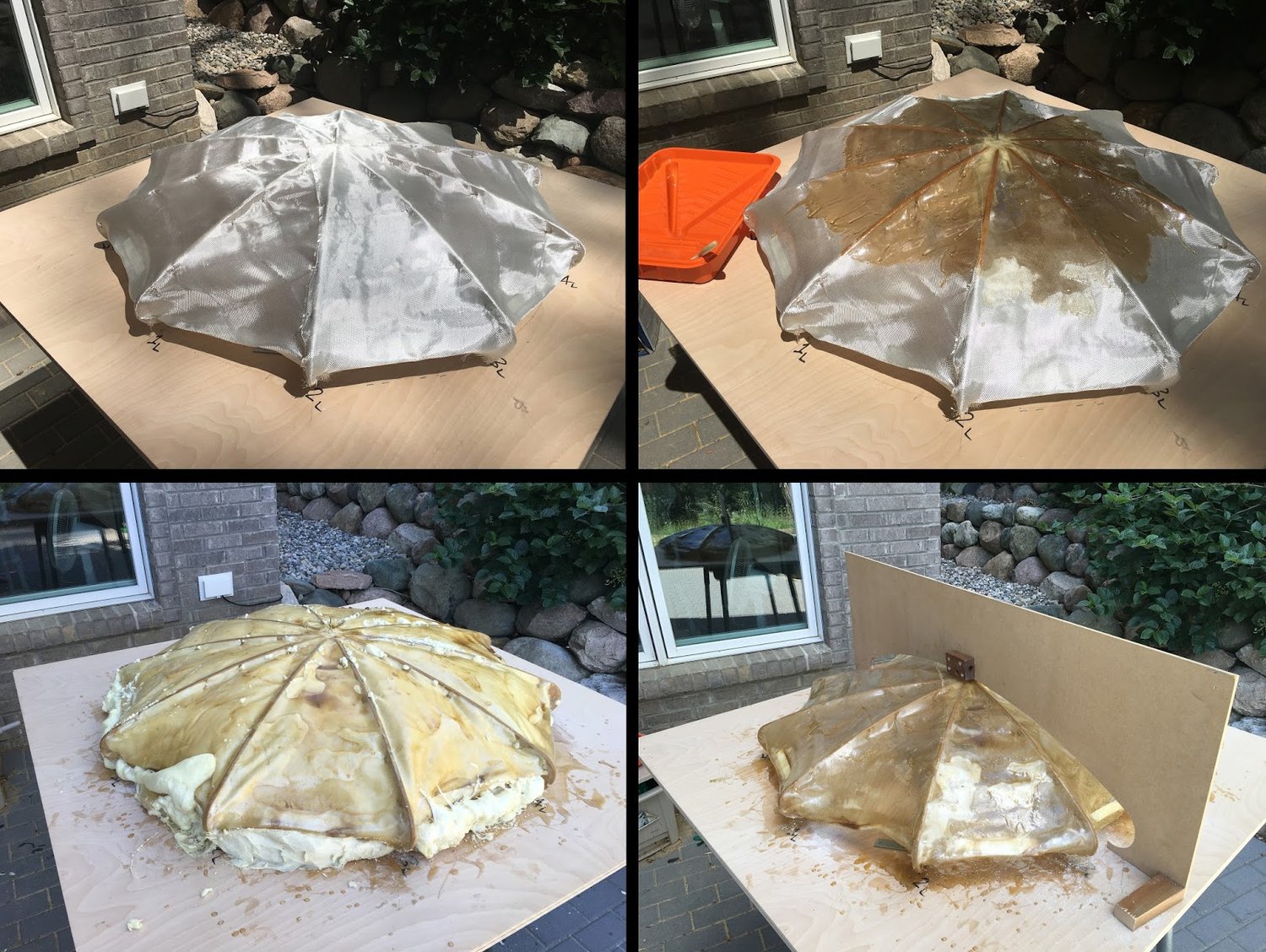 Clockwise from top left: (1) Laying fiberglass over wood cross-sections;&nbsp; (2) Wetting out the glass with resin;&nbsp; (3) Checking glass profile versus target profile;&nbsp; (4) Filling out the volume with polyurethane.